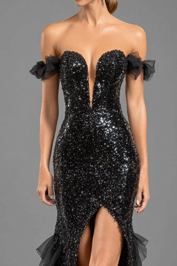 Robe formelle en tulle à sequins à épaules dénudées sirène noire